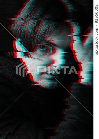 black and white face of a man with art glitch effect 92950008
