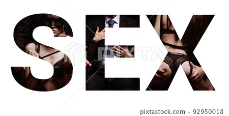 Creative inscription Sex with a BDSM couple. Collage with a dominant man and a submissive girl Creative inscription Sex with a BDSM couple. Collage with a dominant man and a submissive girl 92950018