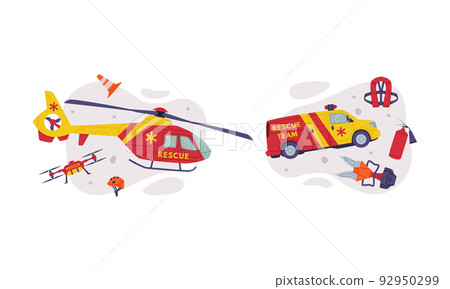 Rescue Team Equipment with Specialized Machine and Emergency Vehicle for Urgent Saving of Life Vector Set 92950299