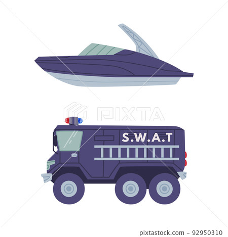 Heavy Truck with Siren and Motor Boat as SWAT Vehicle or Rescue Vehicle and Police Tactical Unit Vector Set 92950310