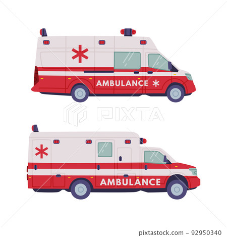 Van or Truck with Siren as Ambulance Emergency Rescue Service Vehicle and Medical Care Transport Vector Set 92950340
