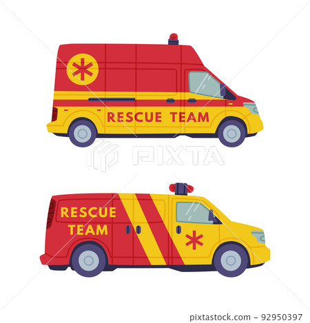 Red and Yellow Van or Truck with Siren as Rescue Equipment and Emergency Vehicle for Urgent Saving of Life Vector Set 92950397
