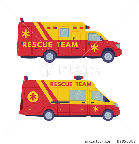 Red and Yellow Van or Truck with Siren as Rescue Equipment and Emergency Vehicle for Urgent Saving of Life Vector Set Red and Yellow Van or Truck with Siren as Rescue Equipment and Emergency Vehicle for Urgent Saving of Life Vector Set 92950398