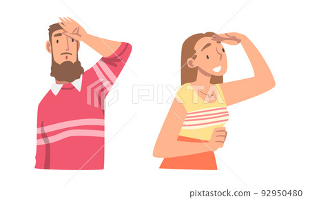 Looking Into Future Man and Woman Character with Hand on Forehead Vector Set 92950480