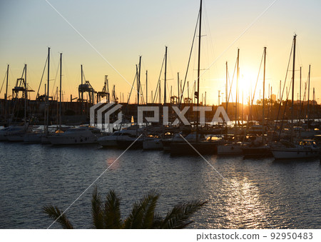 Yachts and boats in silhouette of sunset in Marina. Sunset at port. Yachts and boats in silhouette of sunset in Marina. Sunset at port. 92950483