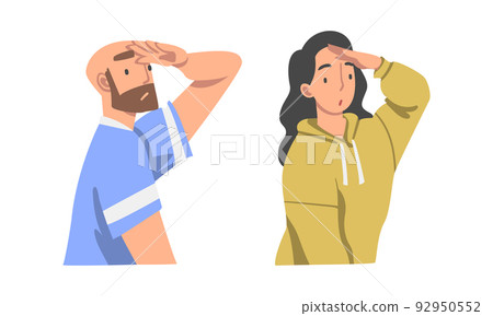 Looking Into Future Man and Woman Character with Hand on Forehead Vector Set 92950552