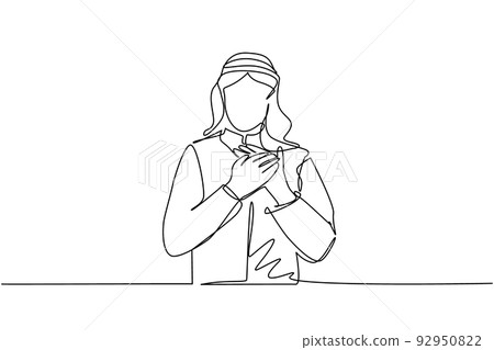Continuous one line drawing young Arab man keeping hands on chest. Male suffering from chest pain or heart attack. Health care concept. Emotion, body language. Single line draw design vector graphic Continuous one line drawing young Arab man keeping hands on chest. Male suffering from chest pain or heart attack. Health care concept. Emotion, body language. Single line draw design vector graphic 92950822