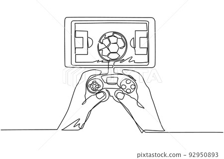 Single continuous line drawing smartphone connected with gamepad and playing football games. Online football games. Smartphone applications. Mobile football. One line draw design vector illustration 92950893