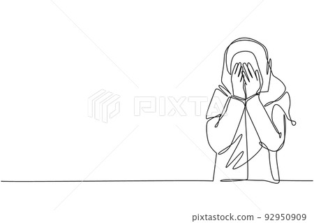 Single continuous line drawing young Arabian woman closes her eyes with her hands because of disgust and reluctance to see something, fear or sadness. One line draw graphic design vector illustration Single continuous line drawing young Arabian woman closes her eyes with her hands because of disgust and reluctance to see something, fear or sadness. One line draw graphic design vector illustration 92950909