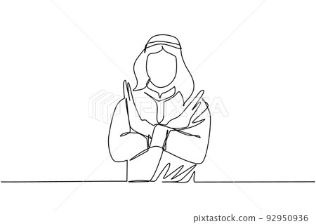 Continuous one line drawing young Arab man crossing arms and saying no gesture. Person making X shape, stop sign with hands and negative expression. Single line draw design vector graphic illustration 92950936