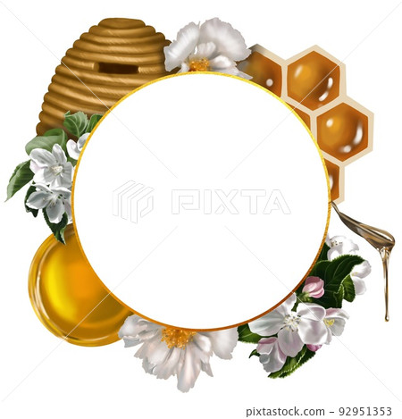 Watercolor frame. Honeycomb, honey bees, flowers, honey and beehive. Realistic illustration Watercolor frame. Honeycomb, honey bees, flowers, honey and beehive. Realistic illustration 92951353