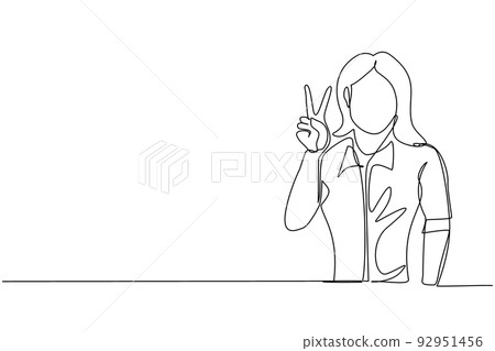 Single continuous line drawing smiling woman is showing victory sign. Young businesswoman gesture success. Female doing victory sign. Sign of success and peace. One line draw graphic design vector Single continuous line drawing smiling woman is showing victory sign. Young businesswoman gesture success. Female doing victory sign. Sign of success and peace. One line draw graphic design vector 92951456