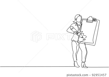 Single one line drawing businesswoman holding clipboard with checklist. Business success completed plan. Goal achievements planning schedule. Continuous line draw design graphic vector illustration Single one line drawing businesswoman holding clipboard with checklist. Business success completed plan. Goal achievements planning schedule. Continuous line draw design graphic vector illustration 92951457