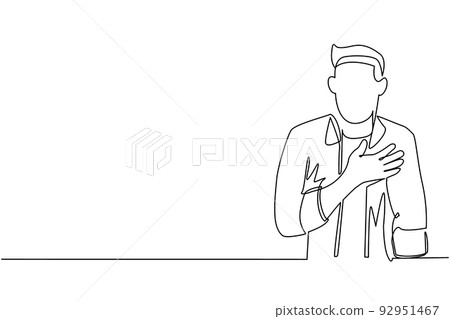 Single one line drawing young man keeping hands on chest. Smiling friendly male expressing gratitude. Emotion and body language concept. Modern continuous line draw design graphic vector illustration Single one line drawing young man keeping hands on chest. Smiling friendly male expressing gratitude. Emotion and body language concept. Modern continuous line draw design graphic vector illustration 92951467