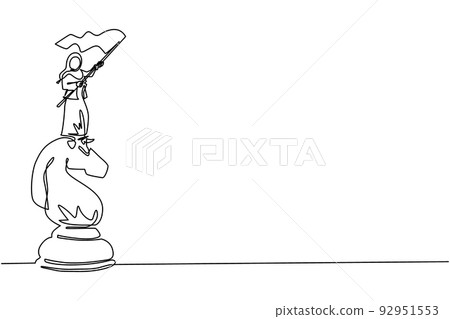 Continuous one line drawing Arabian businesswoman standing on top of big horse knight chess and waving a flag. Business achievement goal, metaphor concept. Single line draw design vector illustration 92951553