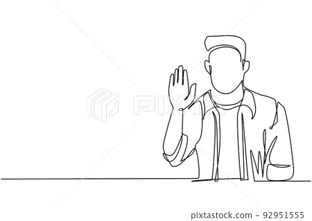 Single continuous line drawing young businessman showing palm as stop sign, stay, hold or rejection gesture. Emotion and body language concept. Dynamic one line draw graphic design vector illustration 92951555
