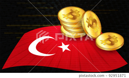 Stacks of gold coins of Bitcoin BTC on colored flag of Turkey on dark digital background. Central Bank of Turkey adopts laws on digital assets CBDC. 92951871