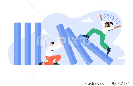 Crisis concept. A young man tries to stop falling elements due to global crises or economic collapse. Domino effect. Surviving business, company, or world concept. Vector flat illustration. 92952185