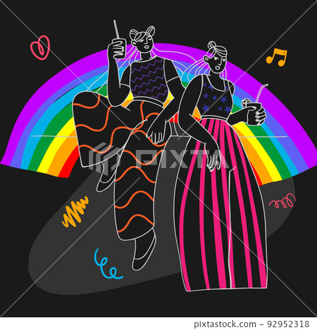Girlfriends, a couple of girls on the background of a rainbow with drinks in their hands, a party, cartoon doodles 92952318