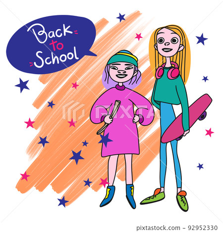 Back to school, children, girls rejoice that school is soon,watercolor background, doodle Back to school, children, girls rejoice that school is soon,watercolor background, doodle 92952330