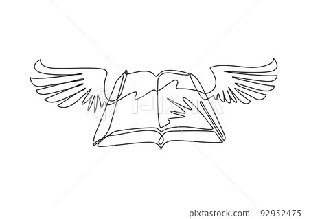 Continuous one line drawing flying book with wings. Winged book icon. Magic fairy tale reading logo. Imagination and inspiration picture. Fantasy. Creative kids. Single line draw design vector graphic Continuous one line drawing flying book with wings. Winged book icon. Magic fairy tale reading logo. Imagination and inspiration picture. Fantasy. Creative kids. Single line draw design vector graphic 92952475