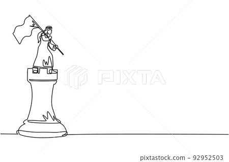 Single continuous line drawing Arabian businessman standing on top of big rook chess and waving a flag. Leader success concept. Successful business strategy. One line draw design vector illustration Single continuous line drawing Arabian businessman standing on top of big rook chess and waving a flag. Leader success concept. Successful business strategy. One line draw design vector illustration 92952503