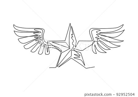 Continuous one line drawing winged ancient pentagonal star emblem, the best. Heraldic design element decoration, premium symbol. Retro style label, heraldry logo. Single line draw vector illustration 92952504