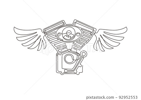 Single continuous line drawing motorcycle club logo with motor and wings, bikers club logo, custom motorcycles service icon. Motorcycle engine with wings. Dynamic one line draw graphic design vector 92952553