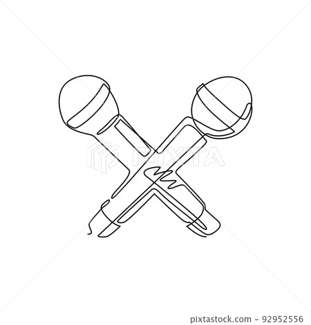 Single continuous line drawing two microphones crossed logo. Social media influence, broadcasting concept. Karaoke party, rap battle, audio equipment. One line draw graphic design vector illustration Single continuous line drawing two microphones crossed logo. Social media influence, broadcasting concept. Karaoke party, rap battle, audio equipment. One line draw graphic design vector illustration 92952556
