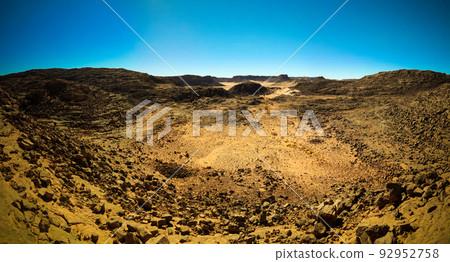 Aerial panoramic view to El Berdj mountain and erg gorge in Tassili nAjjer national park, Algeria Aerial panoramic view to El Berdj mountain and erg gorge in Tassili nAjjer national park, Algeria 92952758