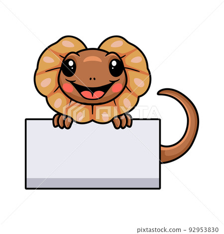 Cute little frilled lizard cartoon with blank sign Cute little frilled lizard cartoon with blank sign 92953830