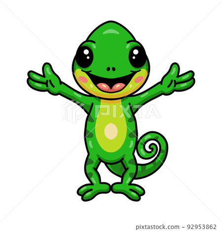 Cute little chameleon cartoon raising hands 92953862