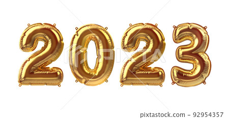 3D Render of Golden inflatable foil balloons. Party 2023 decoration figures. Yellow numbers isolated on white background. New year celebration postcard. Graphic elements for Xmas design. Happy holiday 92954357