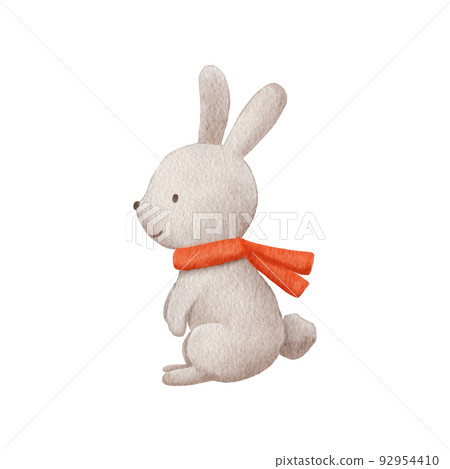 Watercolor Baby rabbit character with winter scarf. Hand drawn cute woodland animal hare. Cartoon illustration isolated on white. 92954410