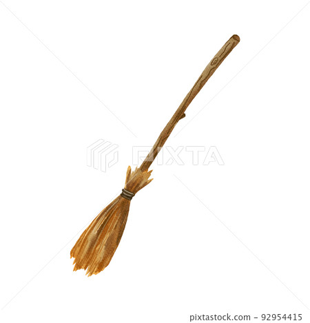 Broomstick isolated on white background. Watercolor Halloween illustration. Housework tool. Wooden broomstick clipart. 92954415
