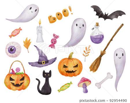 Halloween set with pumpkin, bat, ghost and witch hat. Watercolor Drawing isolated on white. Halloween set with pumpkin, bat, ghost and witch hat. Watercolor Drawing isolated on white. 92954490