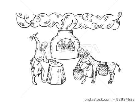 Medieval art of smithy workshop with fire and smoke in forge and blacksmith workers 92954682