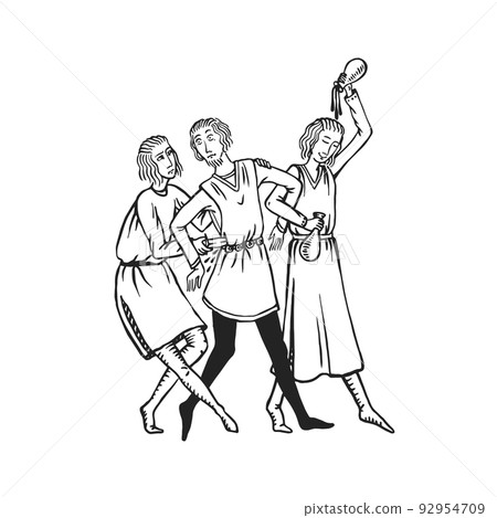 Medieval art drunk fight where man with knife attacks and stabs hanging out friends at party 92954709