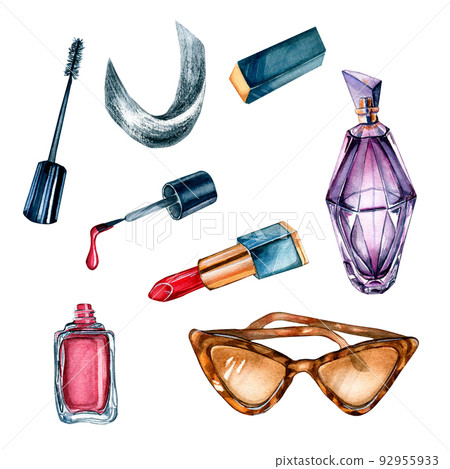 Set of make up cosmetic, perfume watercolor illustration isolated on white background. 92955933