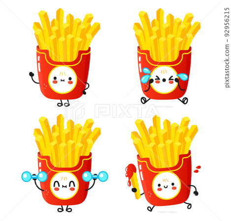 Funny cute happy french fries characters bundle set. Vector hand drawn doodle style cartoon character illustration icon design. Cute french fries mascot character collection Funny cute happy french fries characters bundle set. Vector hand drawn doodle style cartoon character illustration icon design. Cute french fries mascot character collection 92956215
