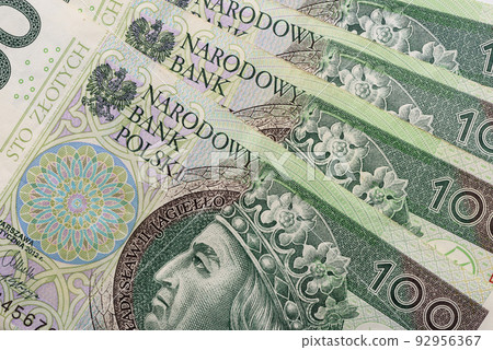 Polish paper currency, 100 zloty PLN bills closeup background top view Polish paper currency, 100 zloty PLN bills closeup background top view 92956367