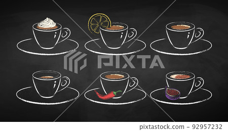 Chalk drawn illustrations set of coffee cups Chalk drawn illustrations set of coffee cups 92957232