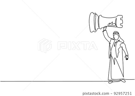 Single continuous line drawing Arab businessman holding and lifting rook chess piece. Successful entrepreneurship tactics or strategy, superiority in business. One line draw design vector illustration Single continuous line drawing Arab businessman holding and lifting rook chess piece. Successful entrepreneurship tactics or strategy, superiority in business. One line draw design vector illustration 92957251