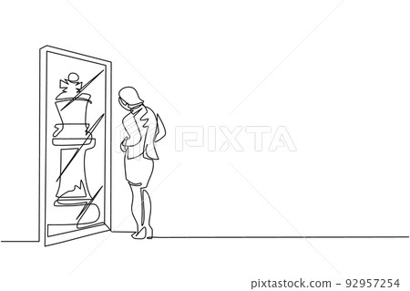 Single one line drawing pretty businesswoman standing in front of mirror, reflecting chess king. Metaphor of confidence. Success, opportunities concept. Continuous line draw design vector illustration Single one line drawing pretty businesswoman standing in front of mirror, reflecting chess king. Metaphor of confidence. Success, opportunities concept. Continuous line draw design vector illustration 92957254