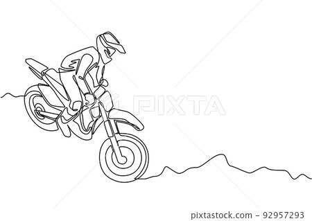 Continuous one line drawing young motocross rider ride motocross bike. Motocross motorcycle competition. Enduro, freestyle motocross extreme sport. Single line draw design vector graphic illustration Continuous one line drawing young motocross rider ride motocross bike. Motocross motorcycle competition. Enduro, freestyle motocross extreme sport. Single line draw design vector graphic illustration 92957293