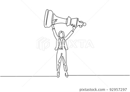 Continuous one line drawing cute businesswoman holding, lifting king chess piece. Successful entrepreneurship tactics or strategy, superiority in business. Single line draw design vector illustration 92957297