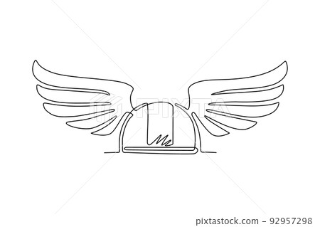 Single one line drawing gaul (gaelic) warrior helmet with wings. Warrior symbol icon isolated. Flat element for emblem, sticker, badge, label, icon. Modern continuous line draw design graphic vector 92957298