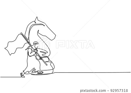 Continuous one line drawing Arabian businessman running and holding flag beside big horse knight chess. Business achievement goal, metaphor concept. Single line draw design vector graphic illustration Continuous one line drawing Arabian businessman running and holding flag beside big horse knight chess. Business achievement goal, metaphor concept. Single line draw design vector graphic illustration 92957318