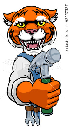Tiger Carpenter Handyman Builder Holding Hammer 92957527