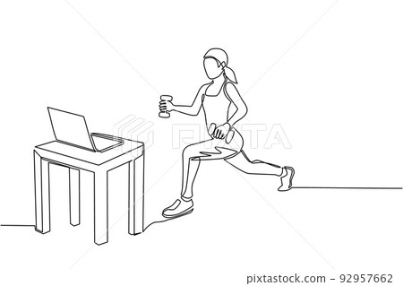 Continuous one line drawing woman doing fitness at home in online classes using her laptop. Fitness online course concept. Online sports training on laptop. Single line draw design vector illustration Continuous one line drawing woman doing fitness at home in online classes using her laptop. Fitness online course concept. Online sports training on laptop. Single line draw design vector illustration 92957662